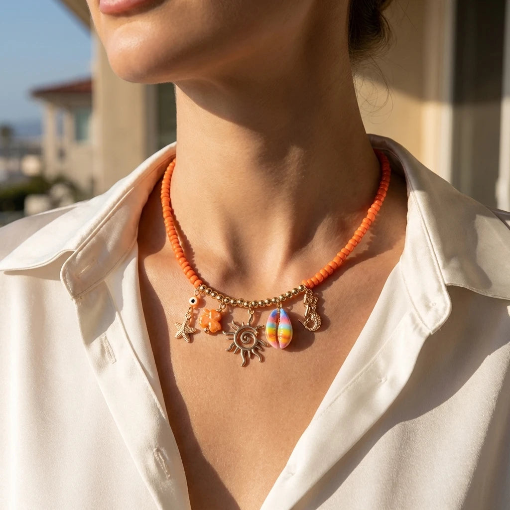 Coral, Starfish and Rice Bead Sun Boho Necklace, Earring or Ring