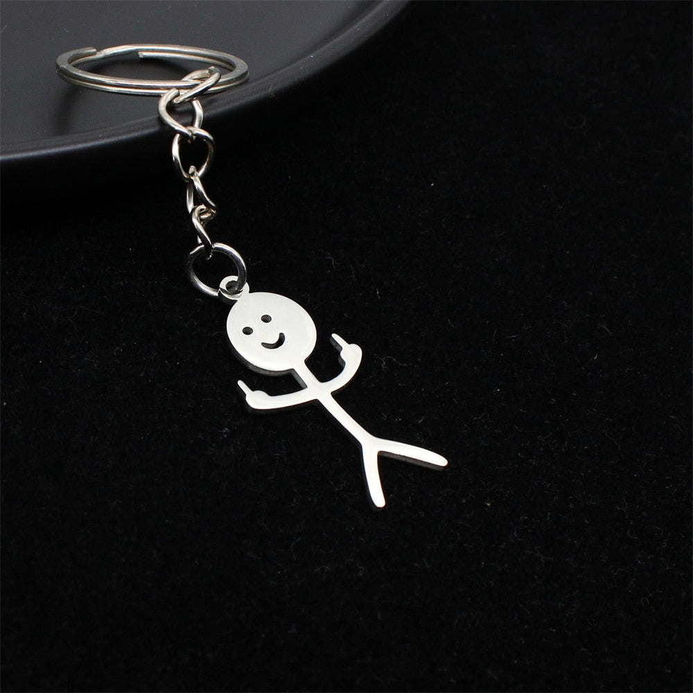 Funny Middle Finger Stickman Keychain Cute Titanium Steel School Bag Car Key Pendant Couple Trinket Gift Keyrings