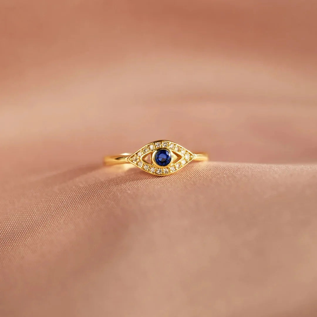 Evil Eye Protection Ring, 14K Gold Zirconia Turkish Nazar Amulet