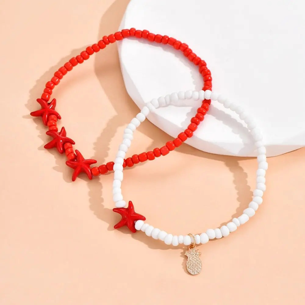 Starfish, Conch Shell and Flower Bead Boho Anklet