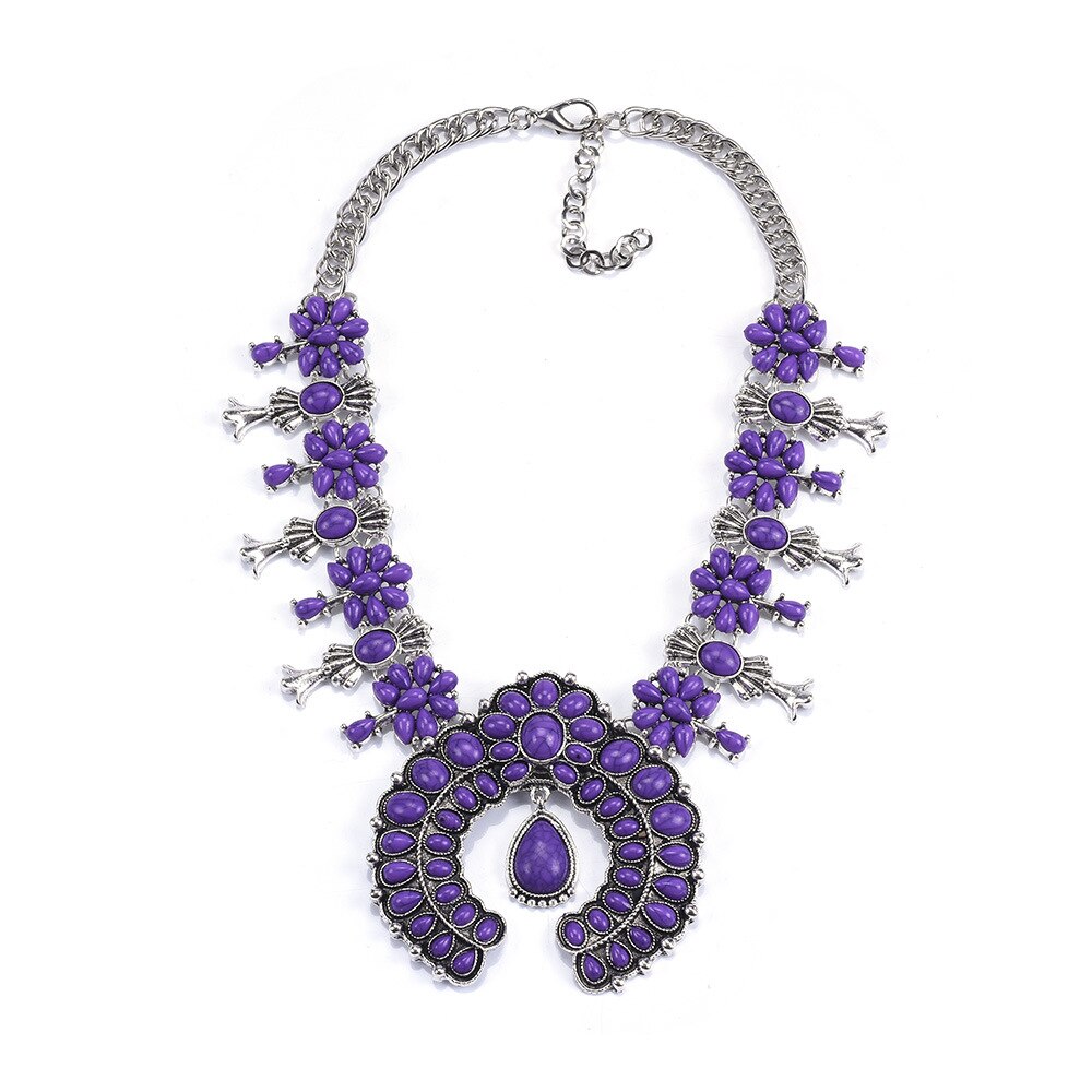 Western Jewelry American Tribal Big Chunky Bold Statement Accessories Femme Squash Blossom Turquoise Necklace for Women