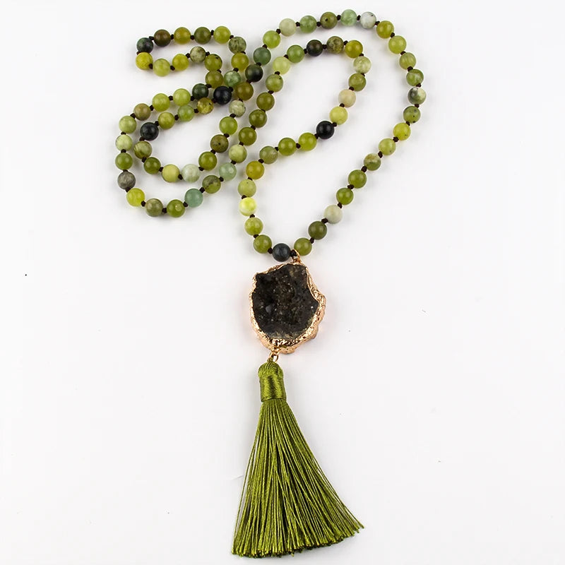 Knotted Druzy Stone Tassel Necklace Jewelry