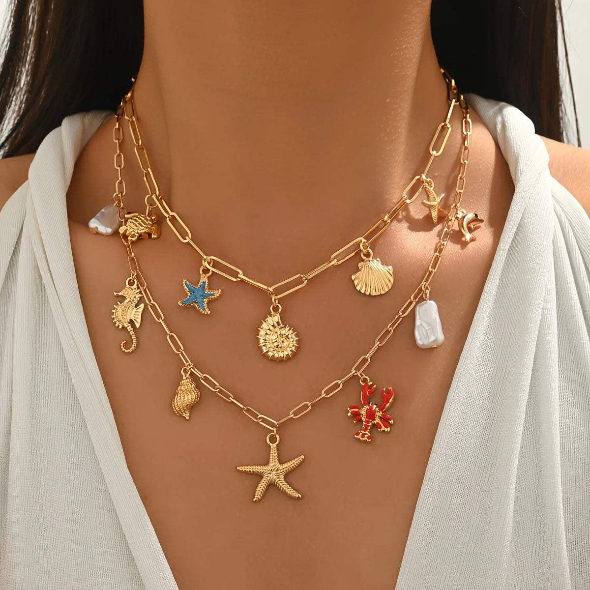 Layered Ocean Charm Paperclip Chain Boho Necklace Set