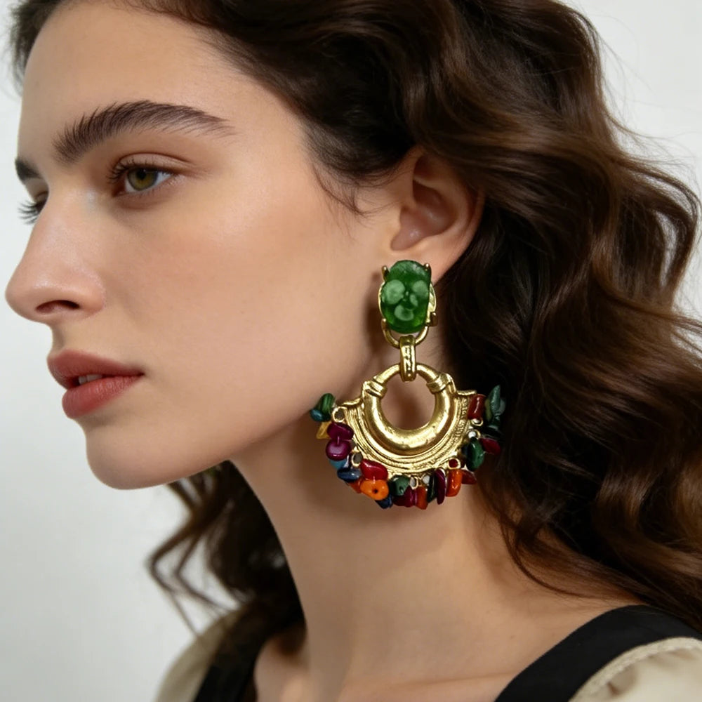 Resin Stone Beaded Drop Earrings, Vintage Statement Boho Jewelry