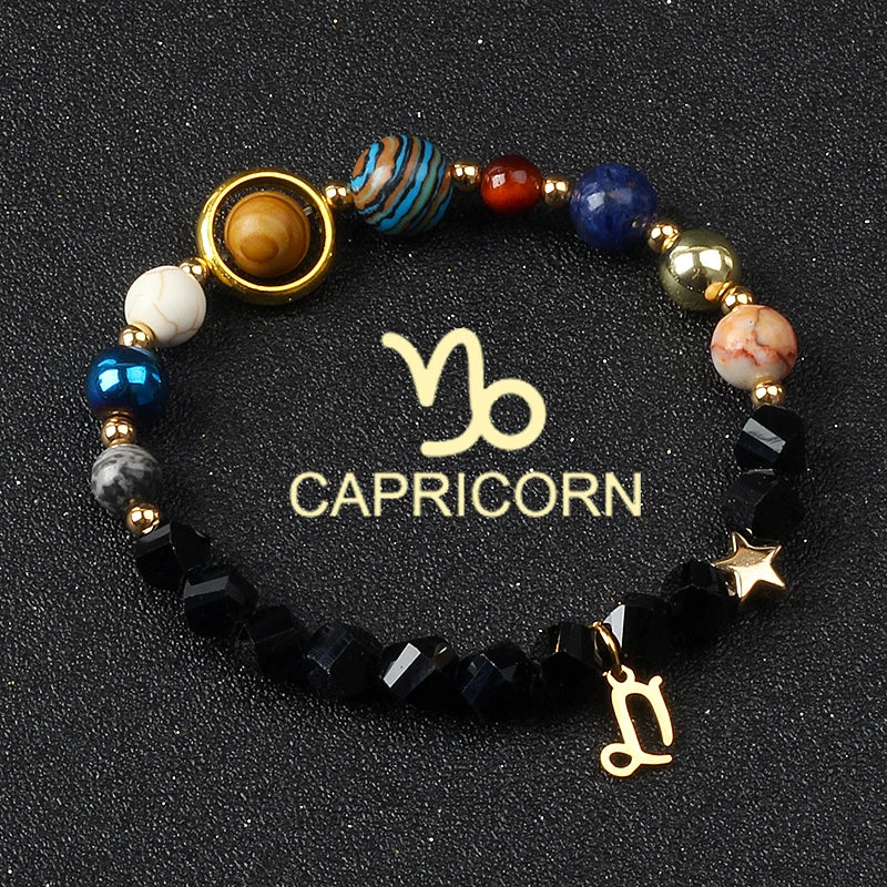 Eight Planets & Twelve Zodiac Beaded Bracelet, Natural Stone Cosmic Astrology Talisman