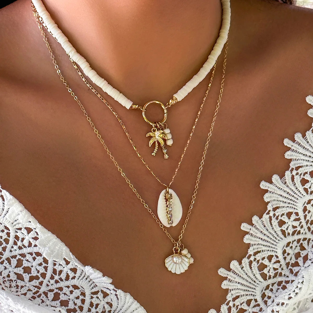Shell Starfish and Pearl Layered Chain Boho Necklace