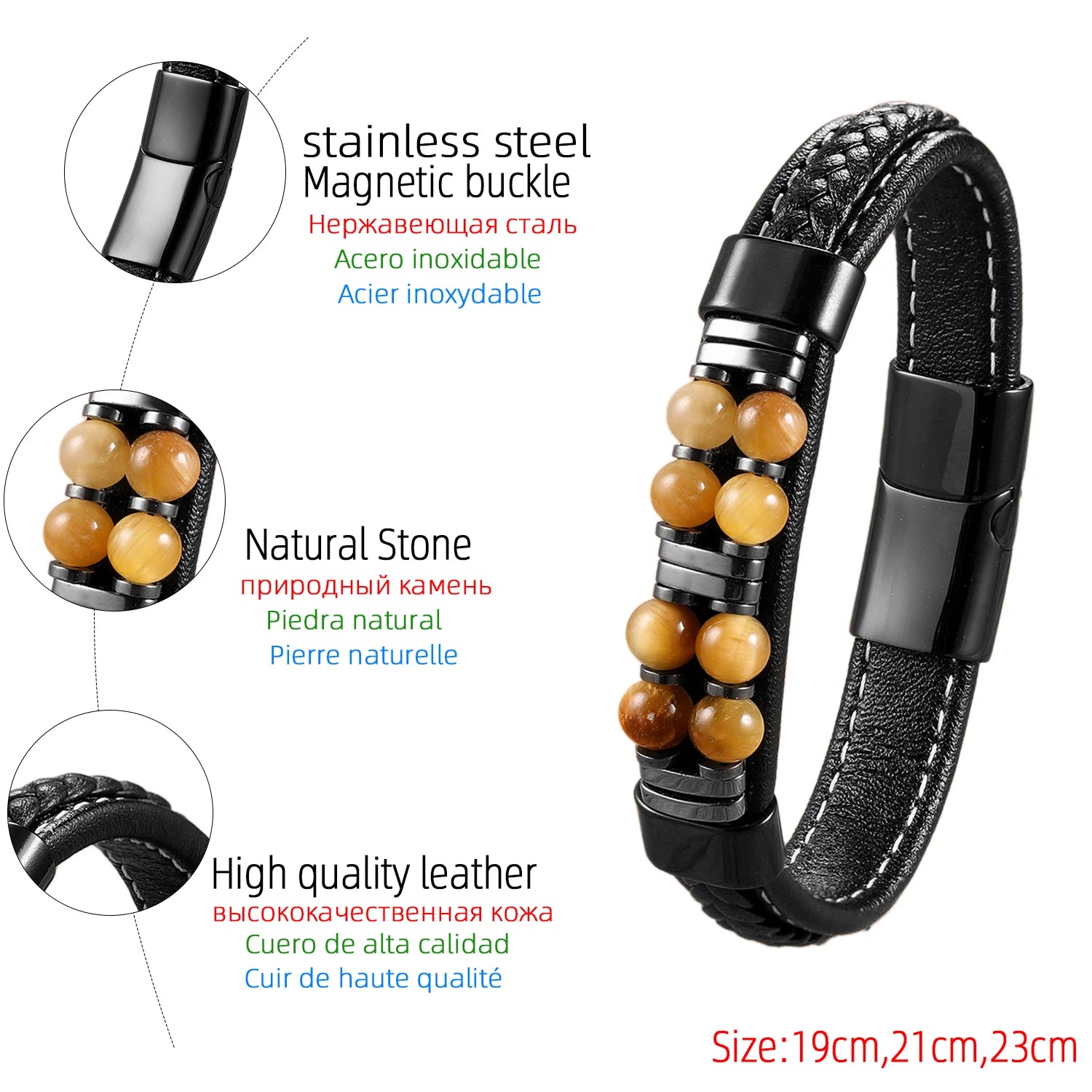 13 Styles Natural Stone Bead Bracelets, Handmade Leather Cord Jewelry with Stainless Steel Clasp, Boho Gift for Women Man - Charlie Dolly