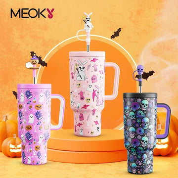 Meoky 40oz Tumbler Handle with Straw Cute Stopper Stainless Steel Insulation Coffee Cup Luminous Vacuum Car Mug Halloween Gifts - Charlie Dolly