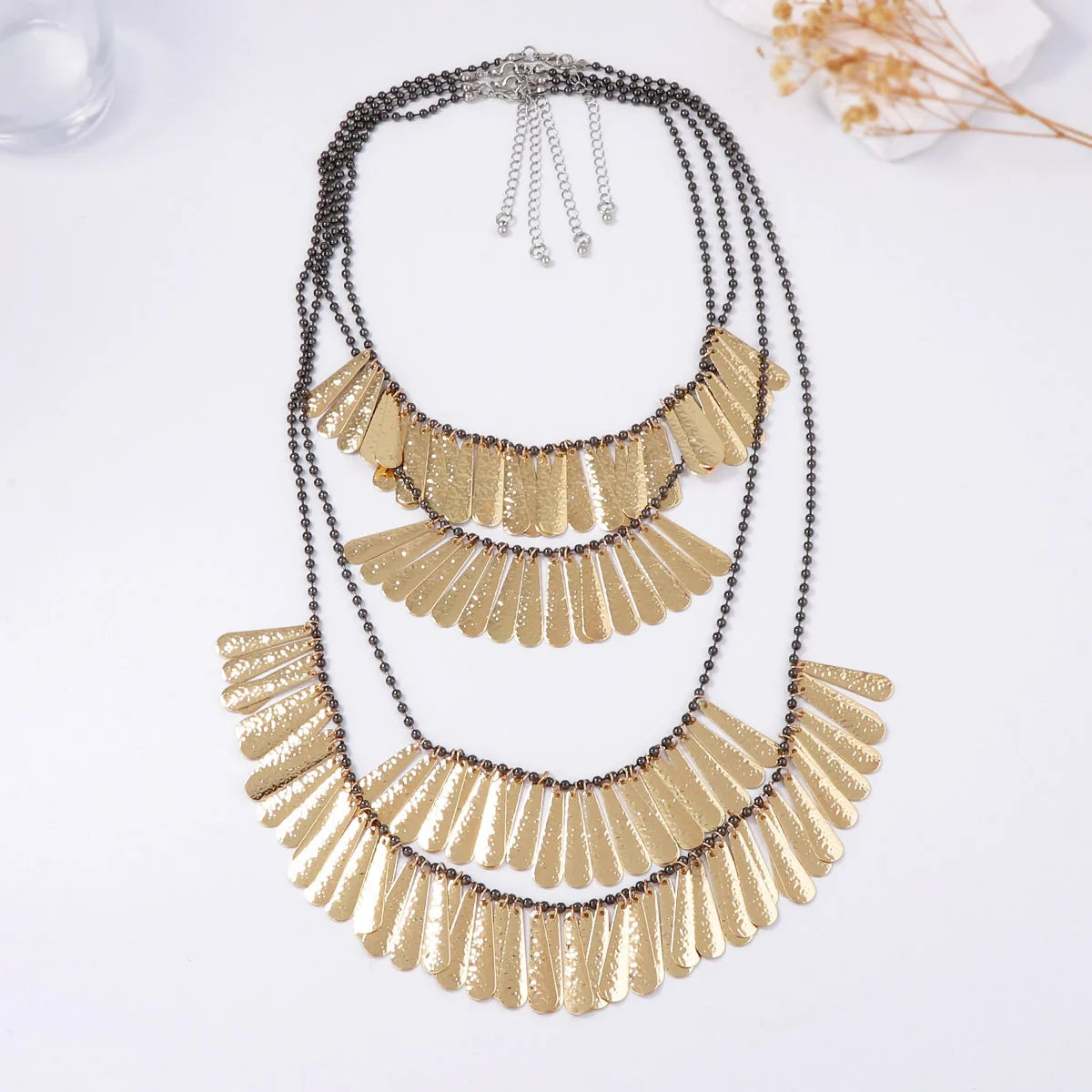 Beaded Metal Plate Tassel Necklace Set Jewelry