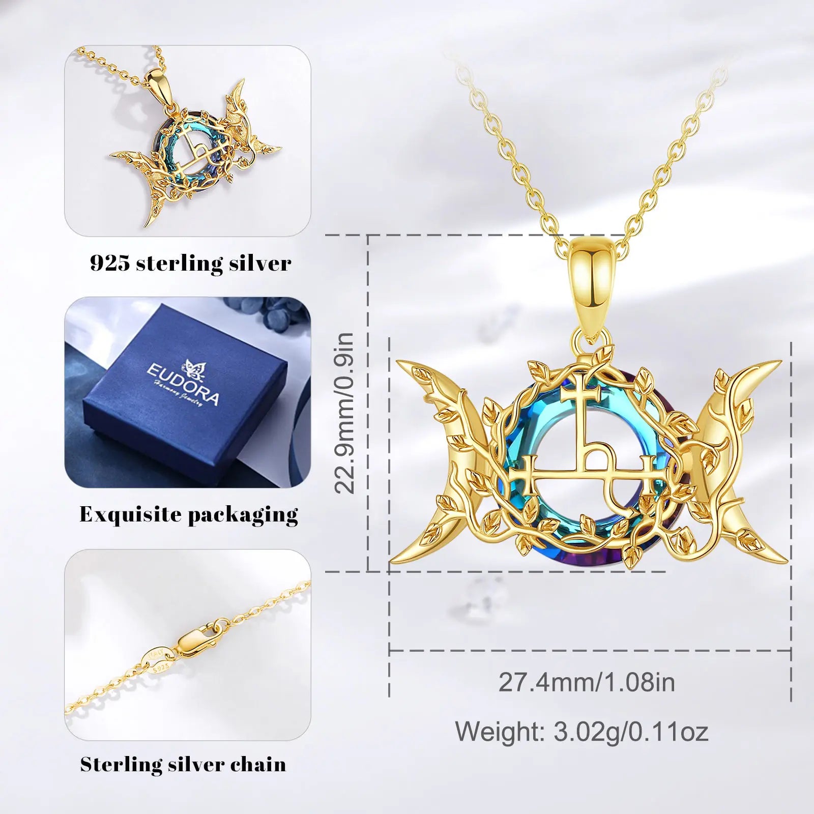 Lilith Sigil Triple Moon Necklace, S925 Silver with 18K Gold