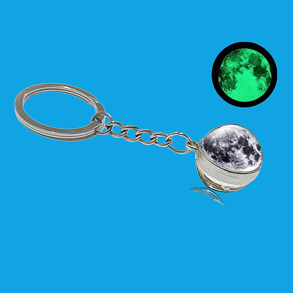 Glow In The Dark Solar System Galaxy Planet Keychain Jupter Moon Earth Mars Sun Nebula Double Side Glass Ball Key Chain Pendant