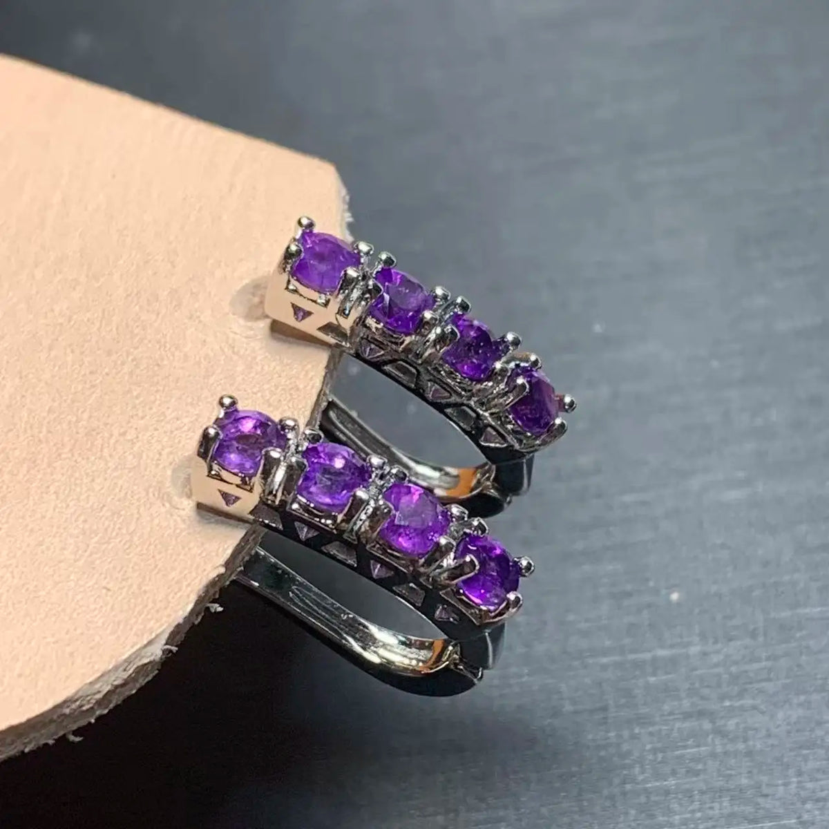 Natural Amethyst Stud Hoop Earrings, 925 Silver-Plated Vintage Hypoallergenic Jewelry