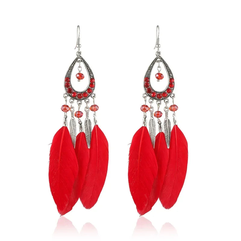 Feather Crystal Tassel Boho Dangle Earrings Jewelry