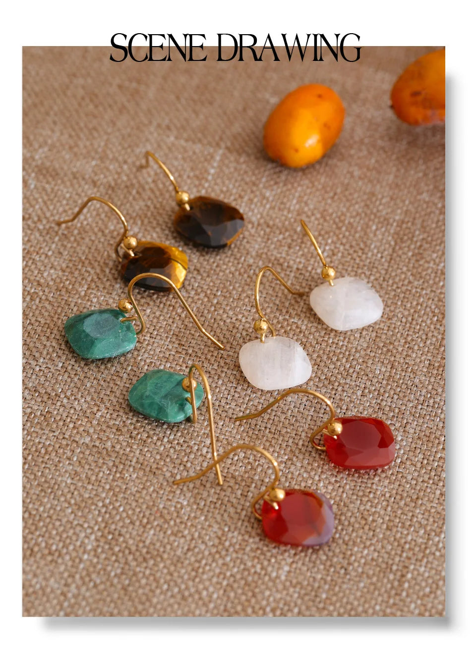 Natural Stone Square Drop Earrings, Tiger Eye Agate 14K Gold-Plated Stainless Steel Jewelry