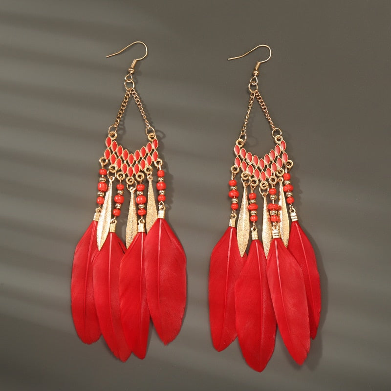 Boho Long Feather Dangle Women's Earrings Beach Long Tassel Beads Handmade Flower Enamel Earrings Bride Wedding Pendientes Mujer