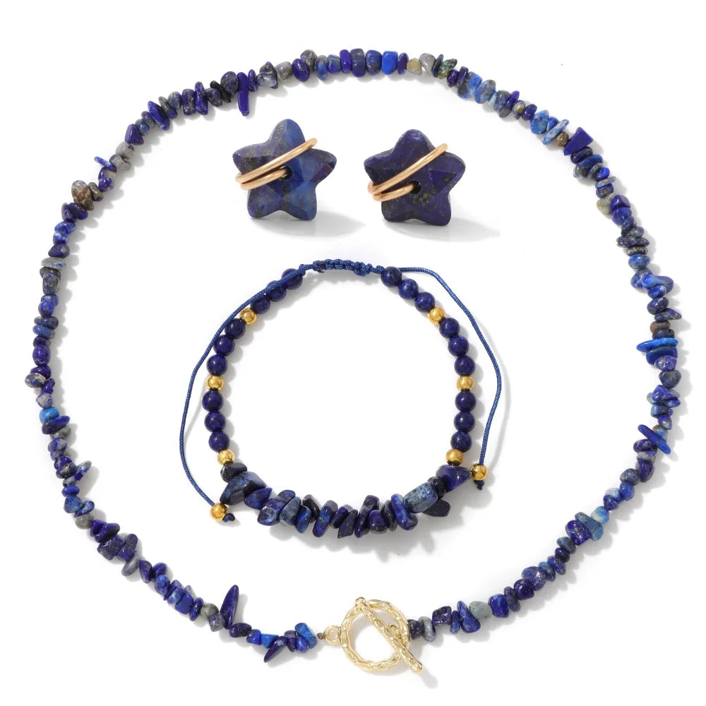Natural Stone Lapis Lazuli Jewelry Set Quartzs Chip Beads Necklace Braided Bracelets For Women Star Shape Ear Studs Earrings - Charlie Dolly