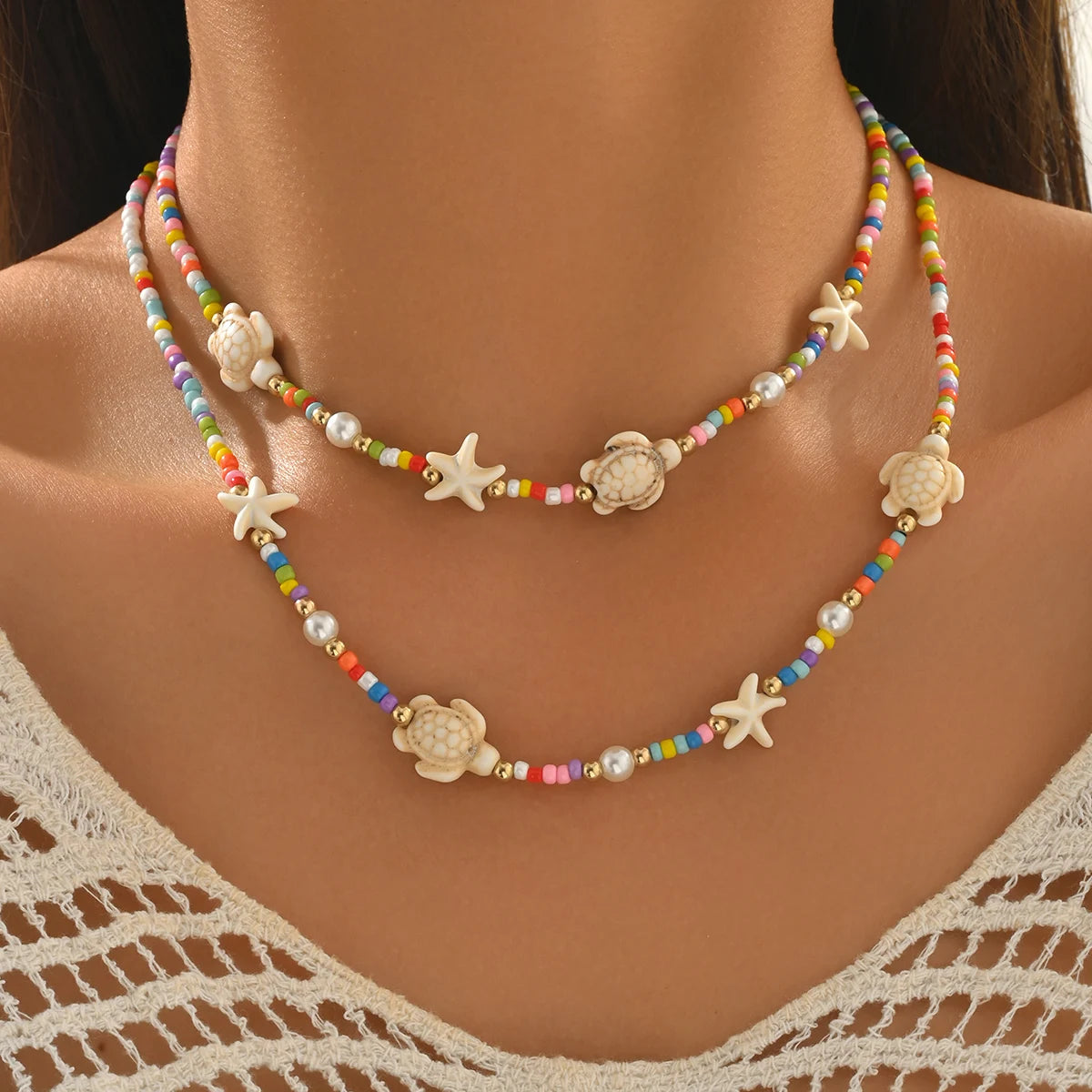 Turtle Starfish Beaded Layered Choker Necklace Jewelry