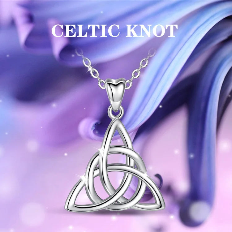S925 Sterling Silver Celtic Knot Triangle Pendant Necklace, Purple CZ Sacred Geometry Amulet