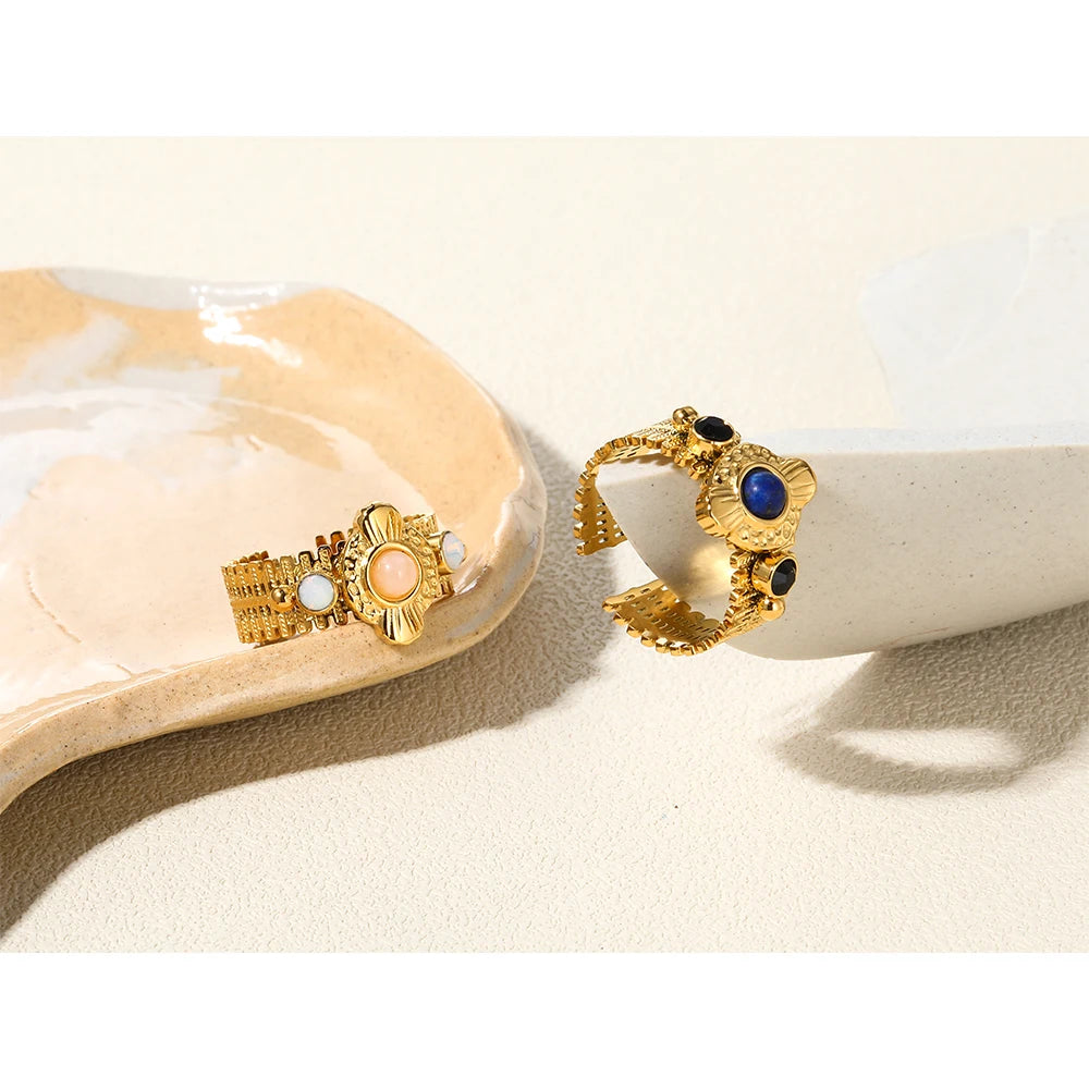 YACHAN Boho Vintage Stainless Steel Rings for Women Pink Natural Stone Lazurite 18K Gold Plated Aesthetic Trend Jewelry - Charlie Dolly
