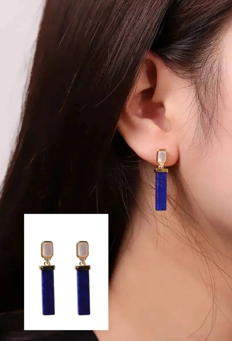 GEEZENCA 925 Silver Gold Plated Lapis Lazuli Bar Charm Dangle Drop Earrings Women CZ Geometric Oblong Simple Trendy Earring Gift - Charlie Dolly