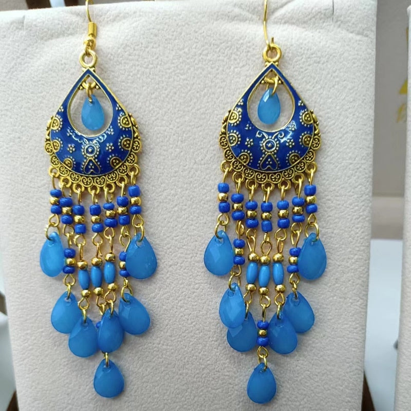Vintage Bohemian Ethnic Style Earrings Long Rice Bead Tassel Earrings FOR WOMEN Alloy Dripping Oil Long Tassel Earrings - Charlie Dolly