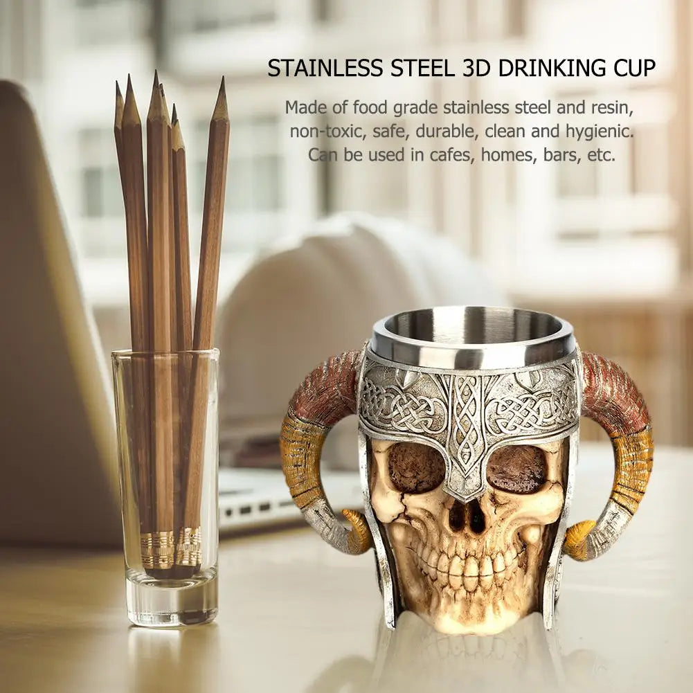 Stainless Steel Skull Mug Viking Drinking Cup Skeleton Resin Beer Stein Tankard Coffee Mug Tea Cup Halloween Gift Bar Drinkware - Charlie Dolly