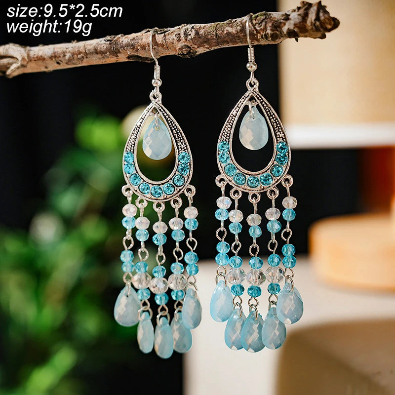 Blue Enamel Feather Crystal Long Earrings Jewelry