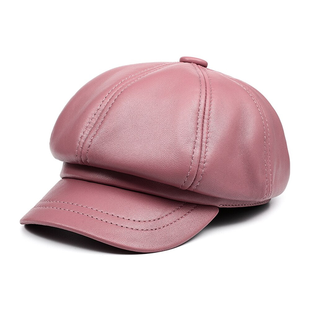 BUTTERMERE Genuine Leather Vintage Hat Women Newsboy Cap Pink Baker Boy Cap High Quality Brand Ladies Winter Octagonal Cap