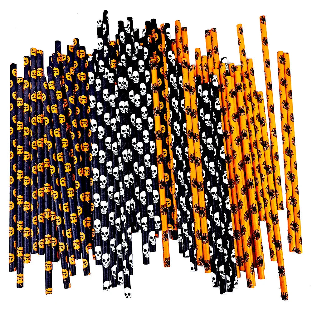 25/50/100pcs Halloween Party Favors Paper Straws Black and Orange Party Biodegradable Drinking Stripe Straws for Halloween - Charlie Dolly