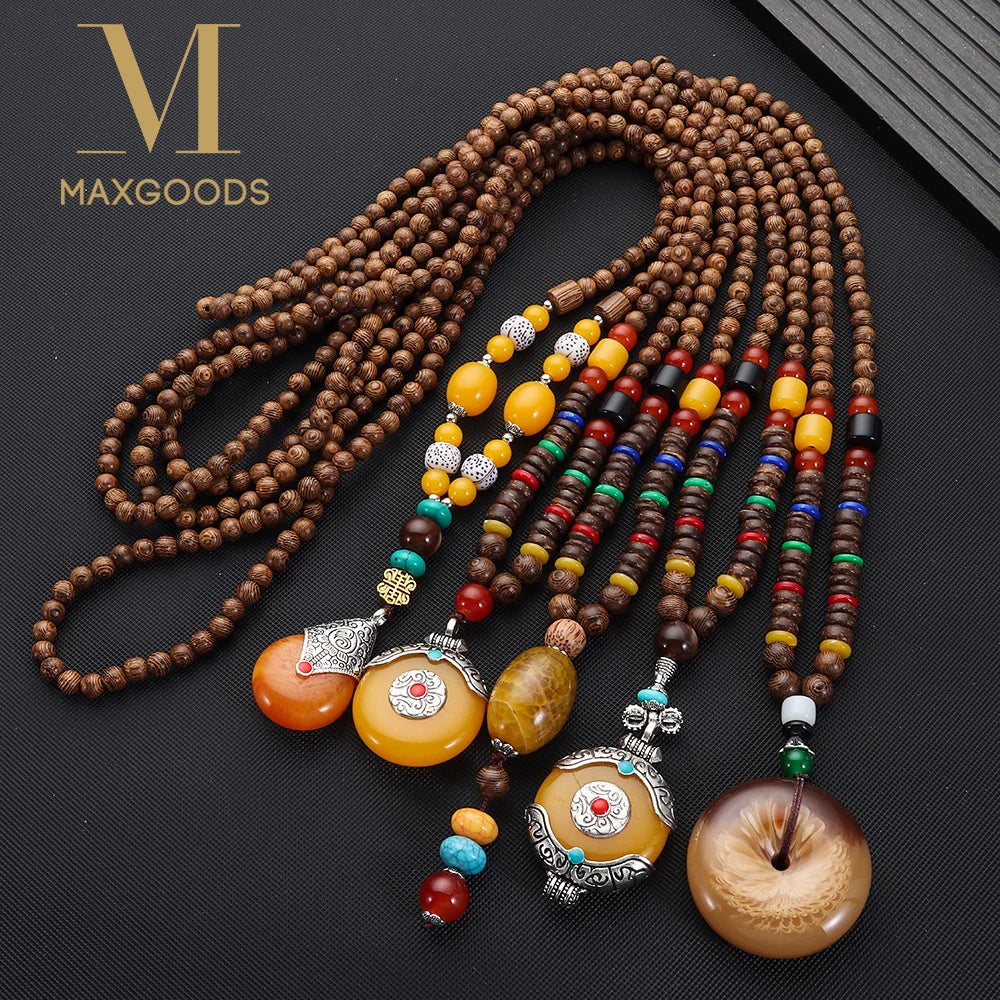 Nepal Wood Bead Mala Pendant Necklace Jewelry