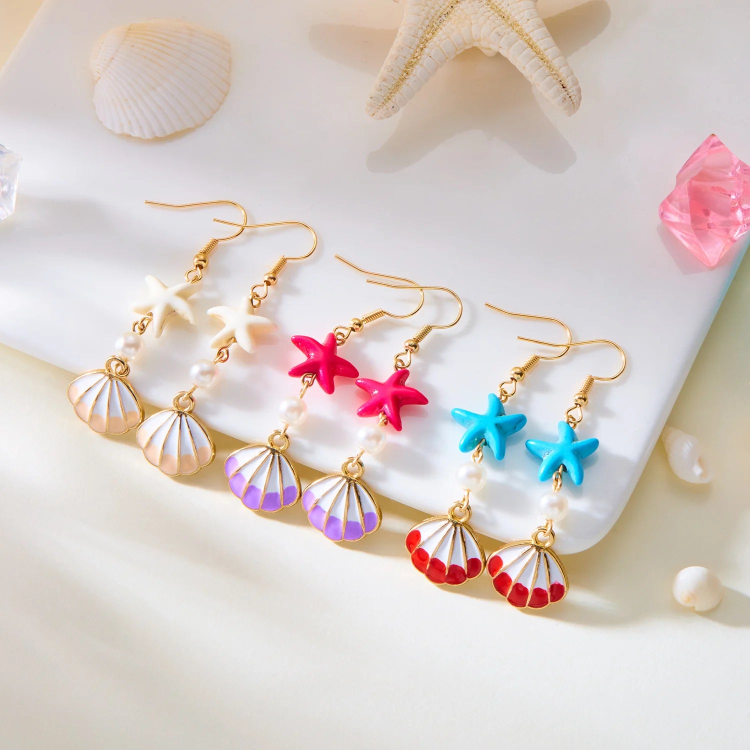 Ocean Style Shell, Starfish and Conch Enamel Drop Earrings