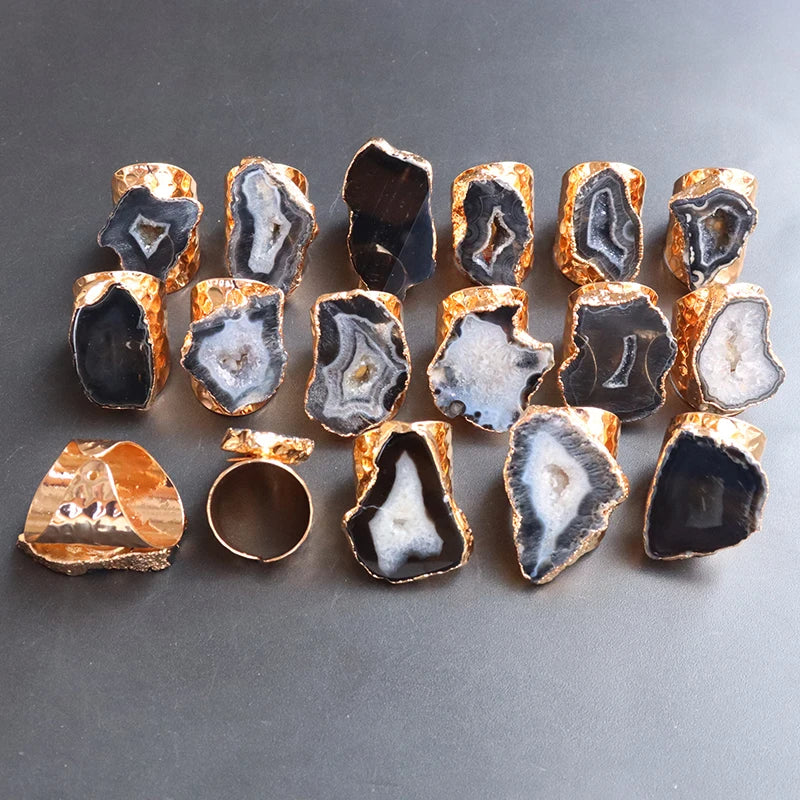 Irregular Geode Stone Agate Slices Open Ring Unisex Black Color Boho Resizable Finger Jewelry - Charlie Dolly