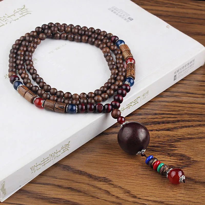 Wood Bead Bodhi Pendant Sweater Chain Necklace Jewelry