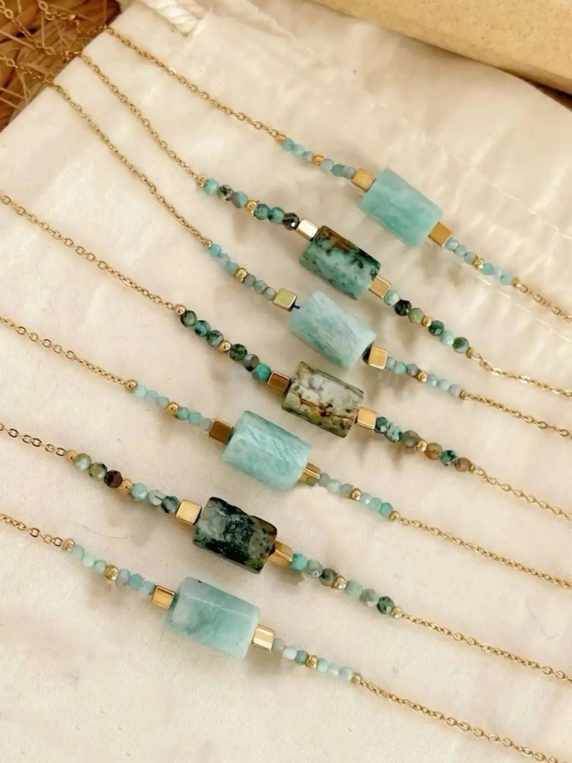 Boho Beach Jewelry Chic Natural Stone Turquoise Amazonite Beaded Bracelet with Gold Plated Chain Women's Gift - Charlie Dolly