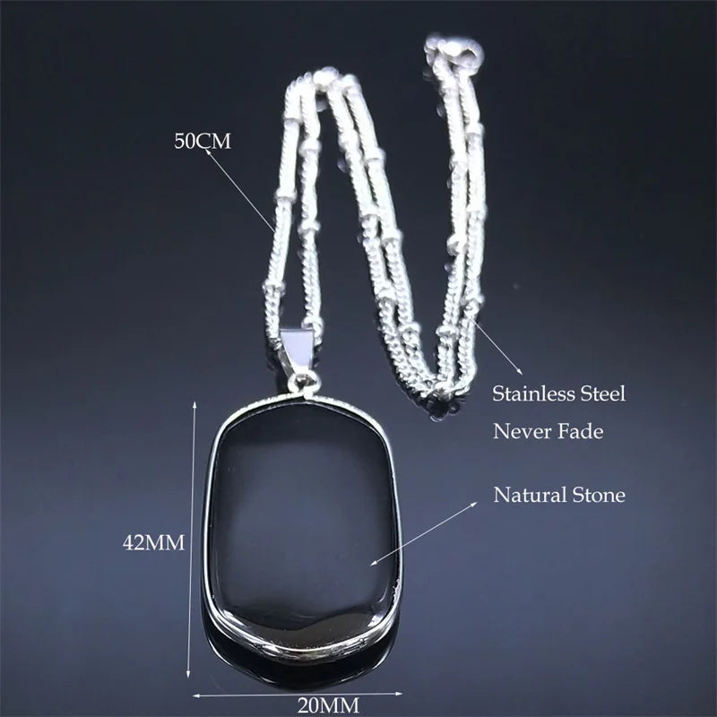 Black Obsidian Geometric Lucky Pendant Necklace Women Boho Natural Stone Stainless Steel Silver Color Necklaces Jewelry NA145S04 - Charlie Dolly