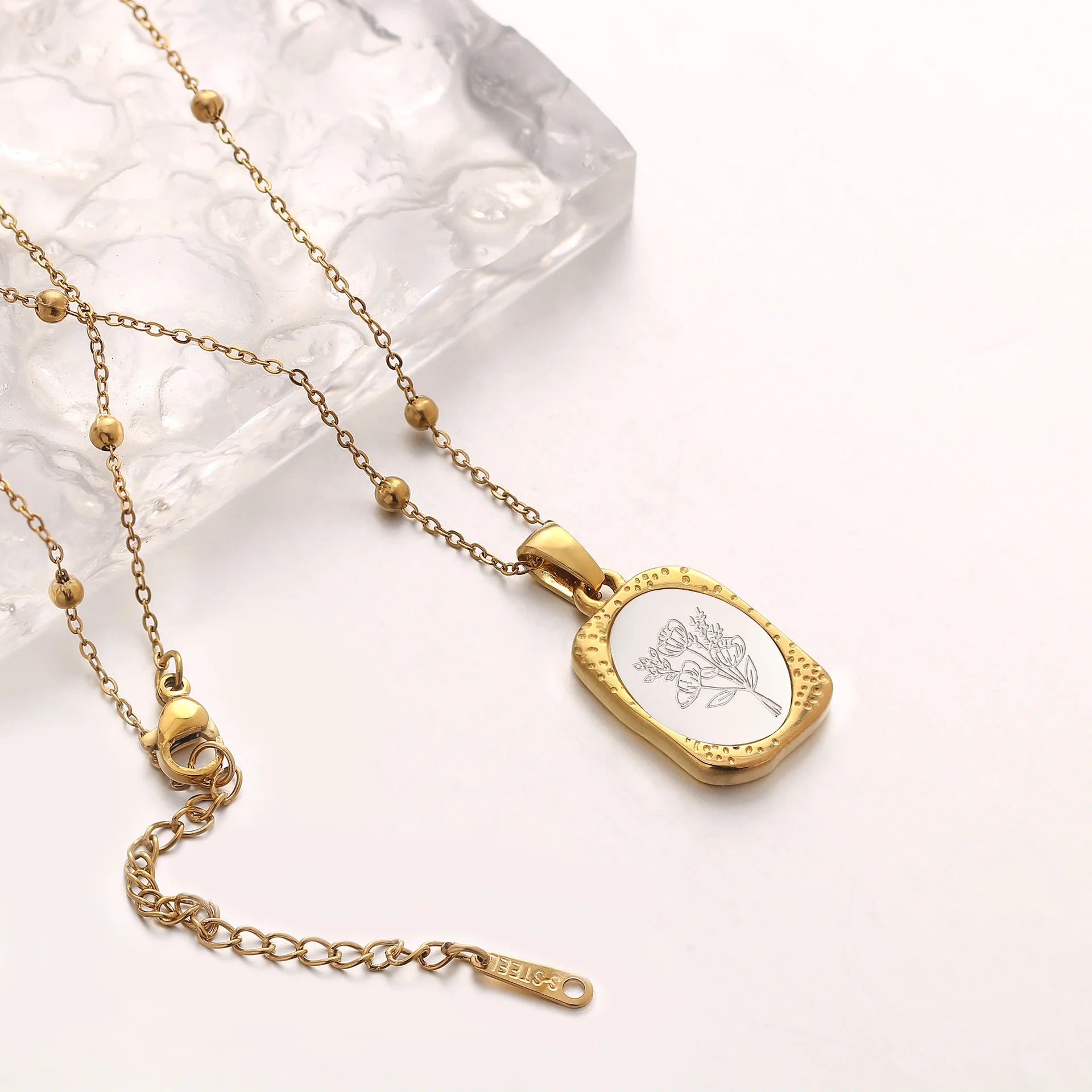 Birth Flower Month Pendant Necklace, Personalized Stainless Steel Floral Birthday Gift