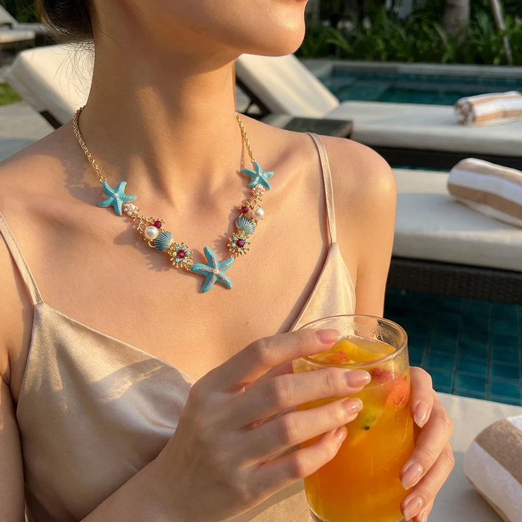Starfish Shell and Zircon Boho Choker and Bracelet Set