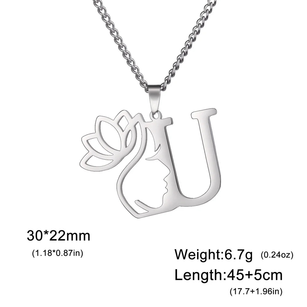 Lotus Flower Initial Letter Pendant, Personalized Stainless Steel Necklace