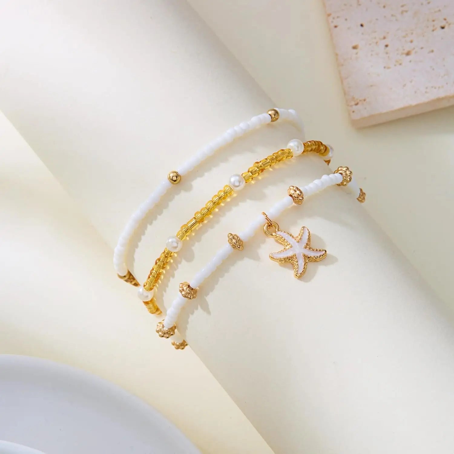 Waterproof Pearl Disc and Starfish Shell Boho Anklet