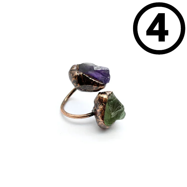Natural Gem Raw Stone Amethyst Ring Crystal Bronze Plated Citrine Green Fluorite Boho Vintage Fashion For Women's Jewelry Gifts - Charlie Dolly