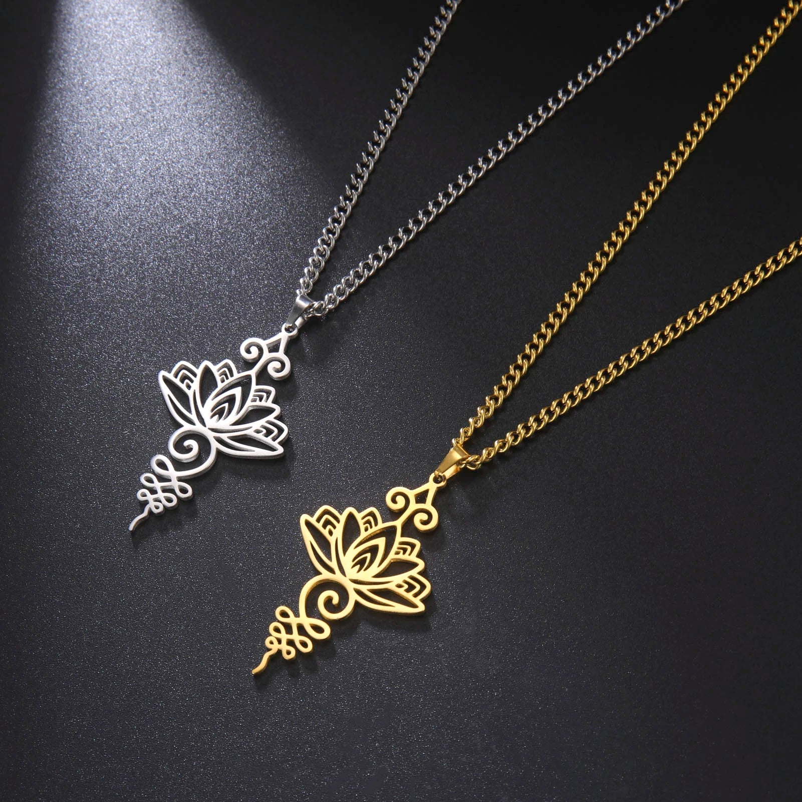 Lotus & Unalome Chakra Pendant, Stainless Steel Sacred Path Necklace