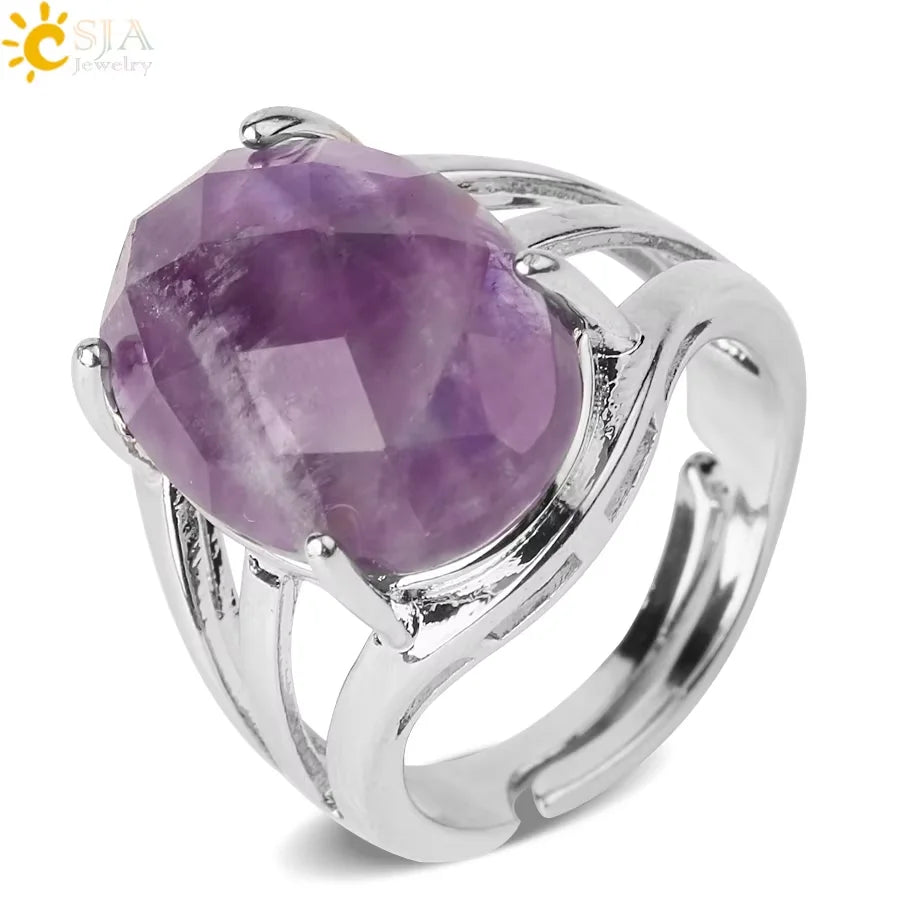 CSJA Vintage Silver Rings Natural Stone Amethyst Ring for Women Adjustable Design Handmade Fashion Jewelry Boho Accessories H765 - Charlie Dolly