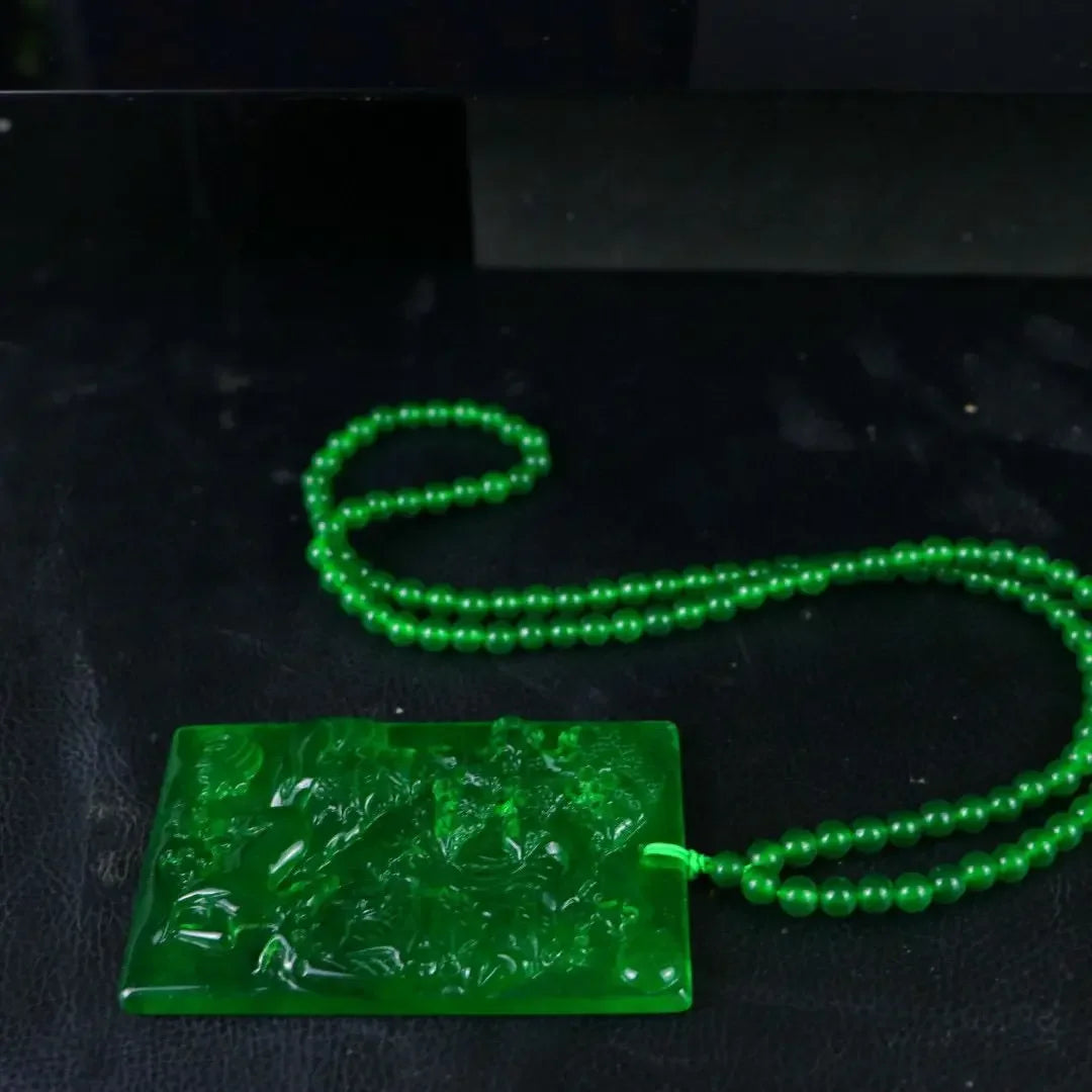Myanmar Ice Jadeite Carved Landscape Amulet Necklace, Sacred Mountain Talisman