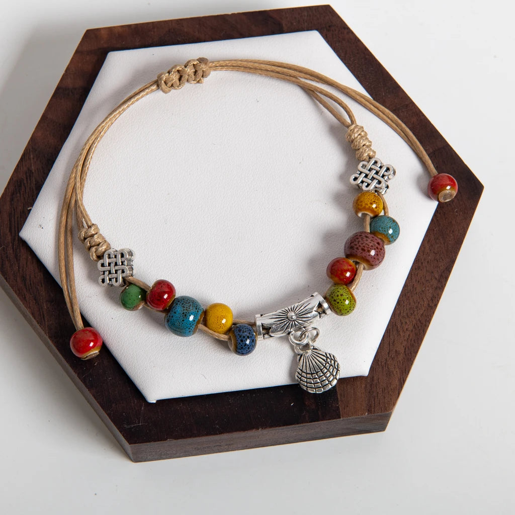Ceramic Bead and Shell Charm Handmade Rope Bracelet