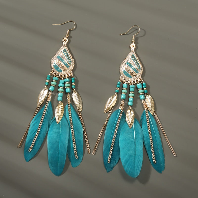 Boho Long Feather Dangle Women's Earrings Beach Long Tassel Beads Handmade Flower Enamel Earrings Bride Wedding Pendientes Mujer