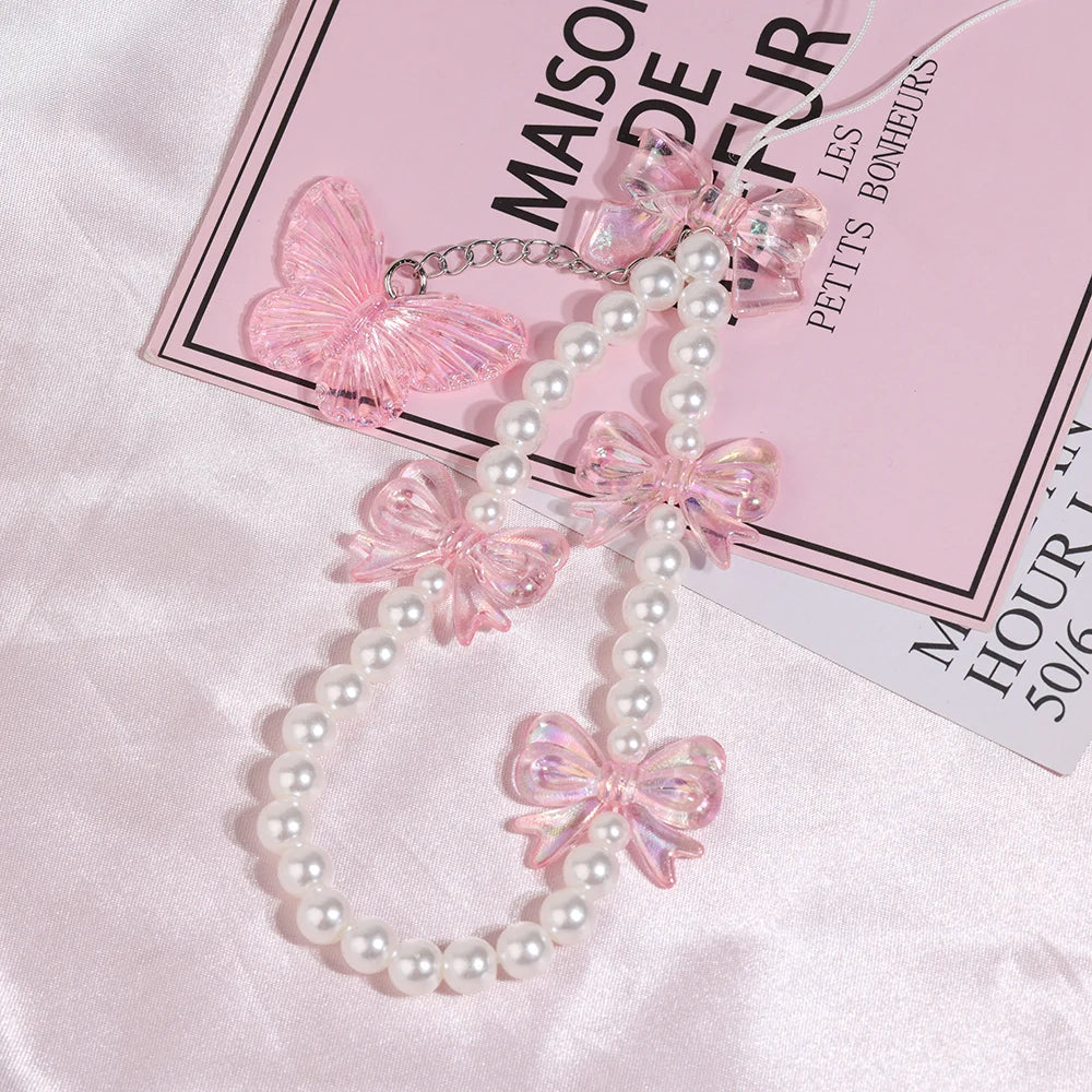 Pink Butterfly, Pearl and Bow Phone Strap Wrist Chain