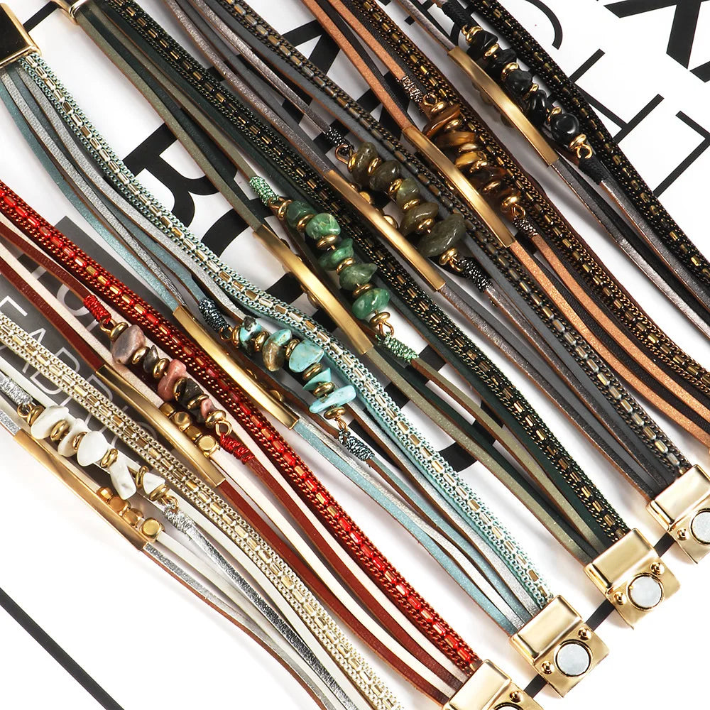 Layered Leather Stone Cuff Bracelet