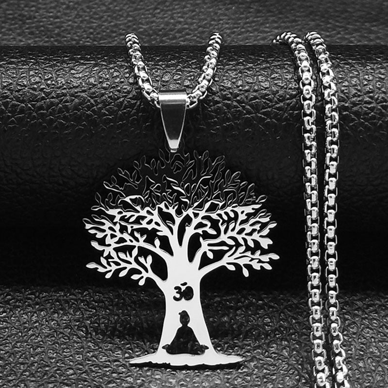 Buddhism Meditation Buddha Yoga Pendant Necklace Stainless Steel Tree of Life Necklace Buddhist Jewelry collares para mujer
