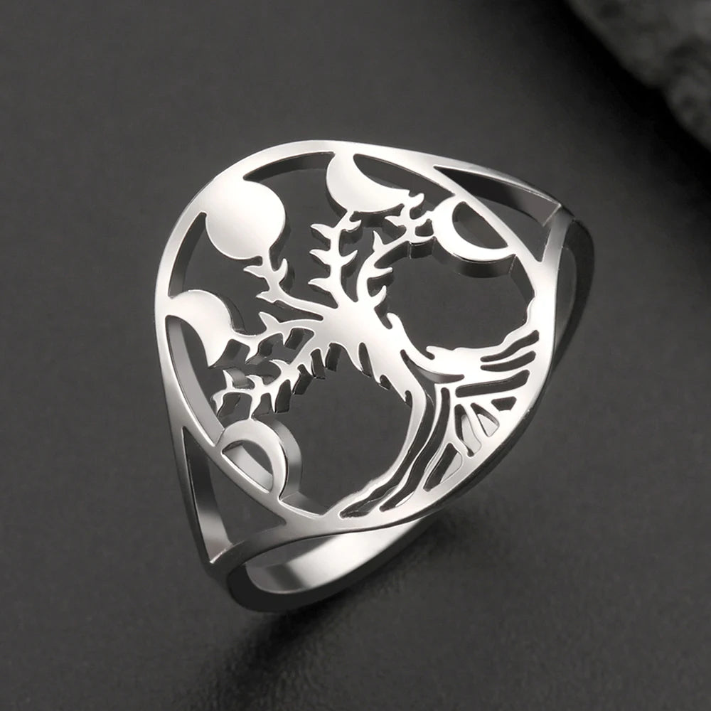 Moon Phase Tree of Life Ring, Stainless Steel