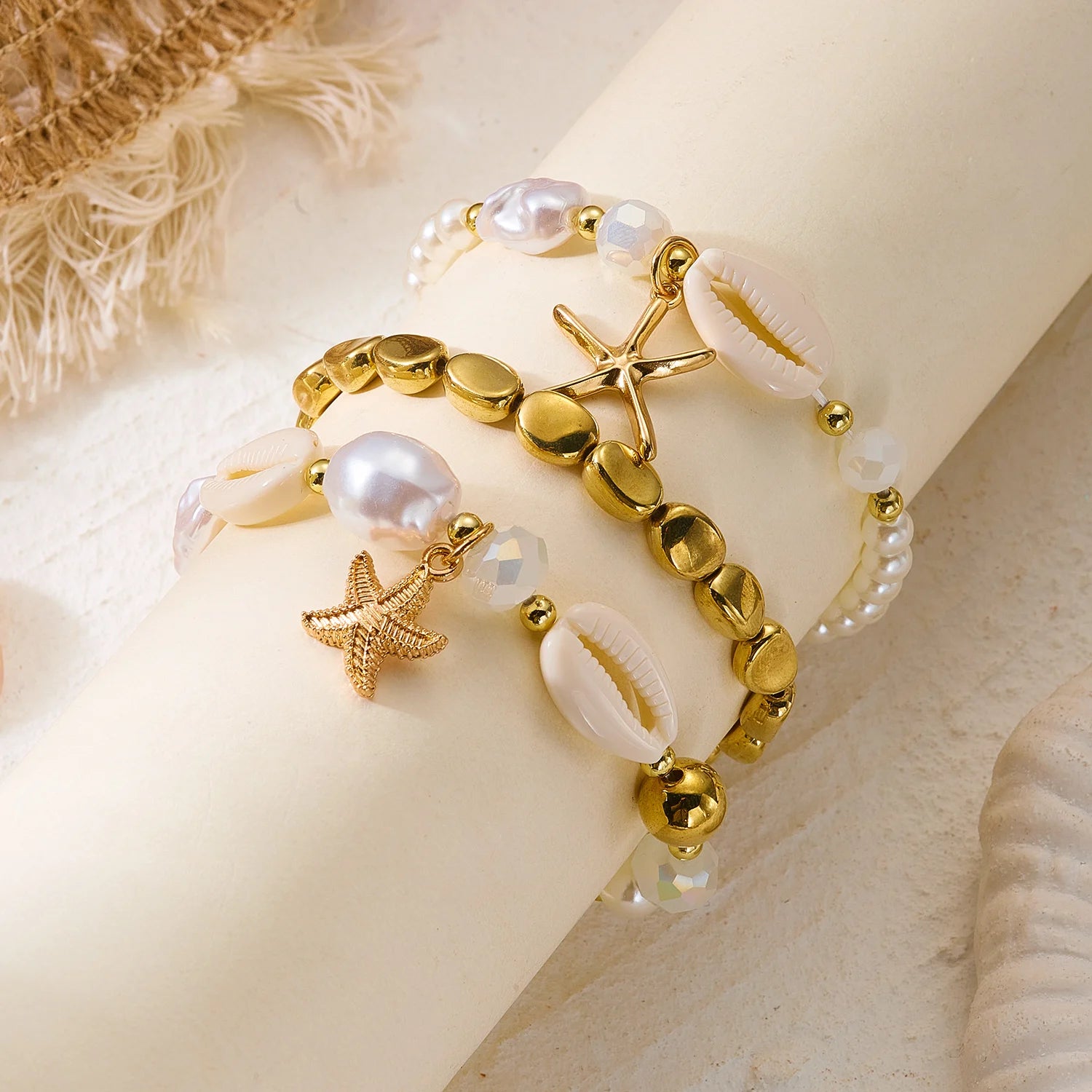 Pink Pearl and Shell Stackable Bracelet Set (5 Pieces)